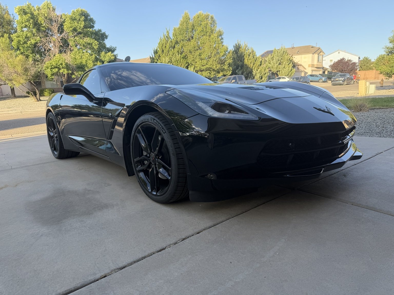Finished black Corvette photographed outdoors in warm golden-hour sunlight